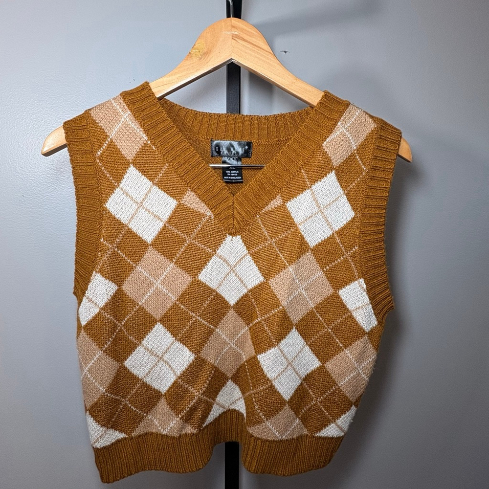 Women's Say Wha Brown &‎ White Argyle V-Neck Sweater Vest XL
